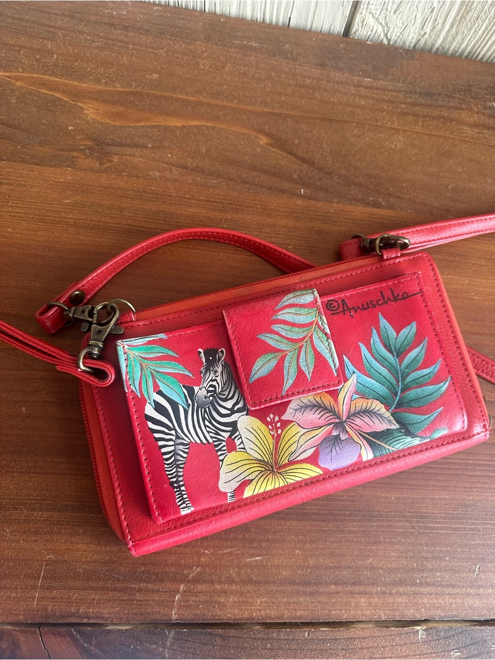 Anuschka Hand Painted Red Zebra & Tropical Floral Crossbody Wristlet Bag - Picture 3 of 16